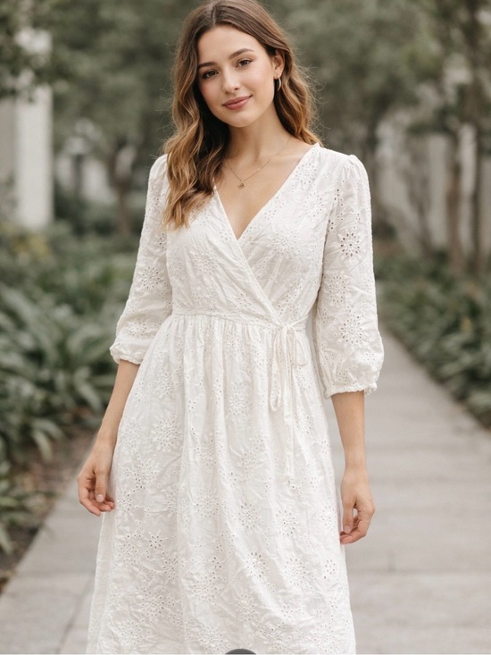 tea n rose Dresses & Skirts - tea n rose White Eyelet Wrap-Style Midi Dress